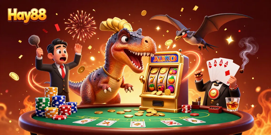 Hay88 casino scene with a pachycephalosaurus hitting a slot machine, capturing excitement and jackpot