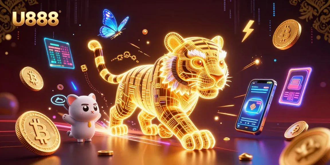 Experience the excitement of U888 with a neon tiger and crypto elements in a vibrant casino illustration.