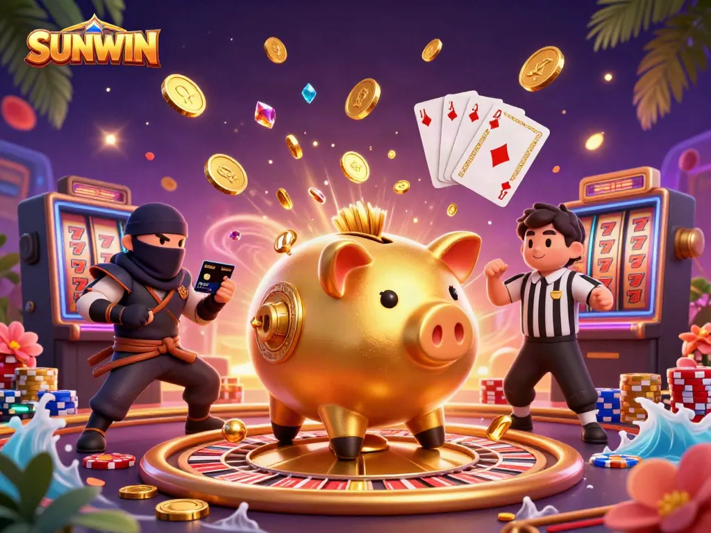 Experience the thrill of SUNWIN with a dynamic casino showdown featuring animated characters and gold coins.