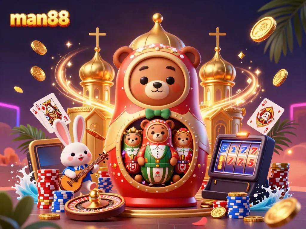 Experience the thrilling world of man88 with vibrant casino elements and characters in a 3D cartoon illustration.