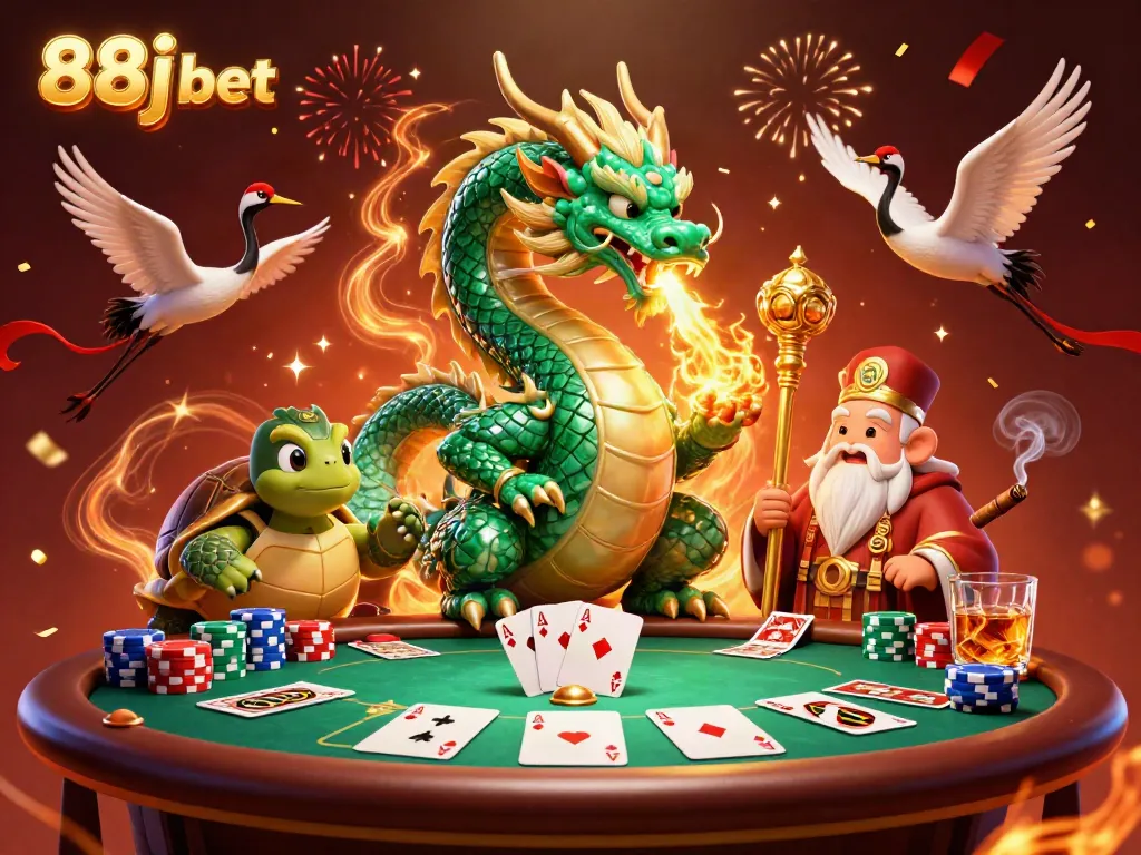 Experience winning thrills with 88j bet amidst a vibrant casino scene featuring a jade dragon and lucky symbols.