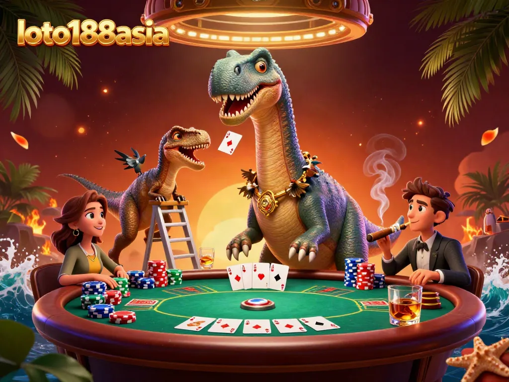 Experience thrilling poker games at loto188asia with a vibrant 3D brontosaurus scene.
