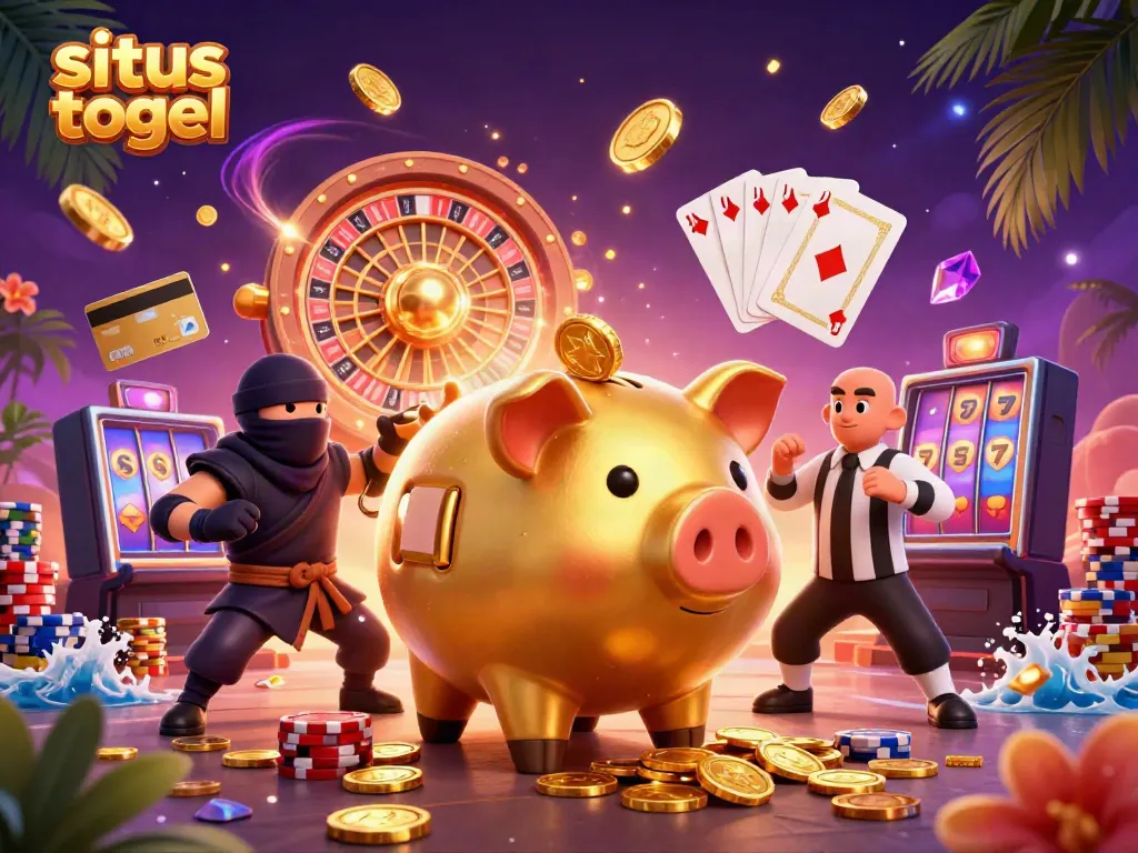 Experience the thrill of situs togel with a vibrant 3D gambling scene featuring characters amidst a whirl of golden coins.