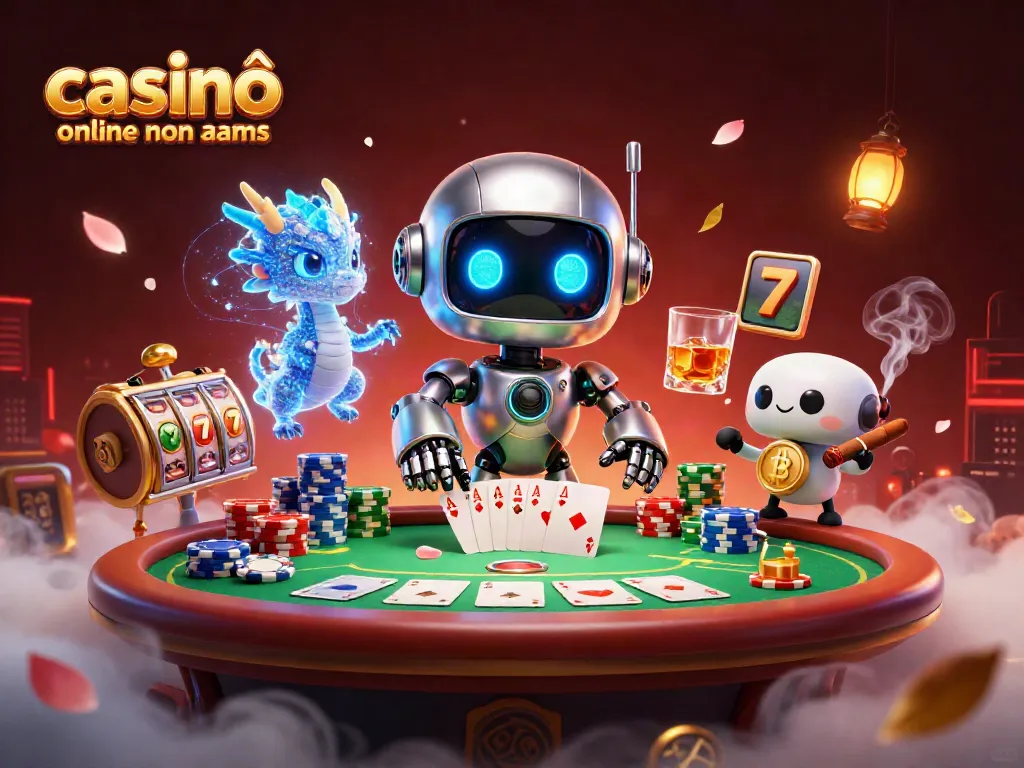 In un casinò online non AAMS, un robot cyberpunk e un drago olografico interagiscono attorno a un tavolo da poker.