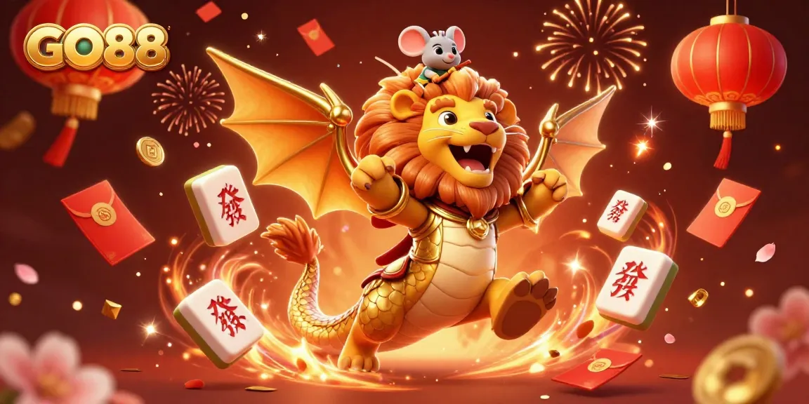 Experience thrilling gameplay at GO88 with a dynamic 3D illustration featuring a powerful chimera amidst games and festive elements.
