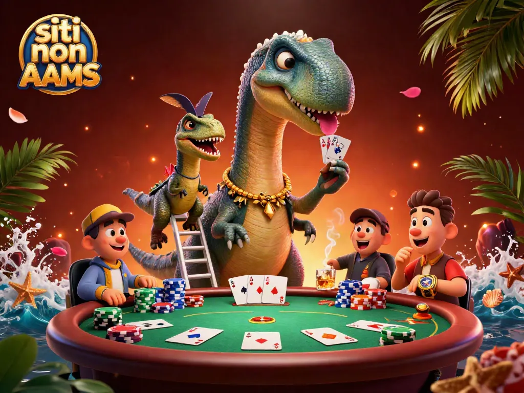 Gioca ai siti non AAMS con un brontosauro 3D che domina un tavolo da poker, immerso in un ambiente festoso.