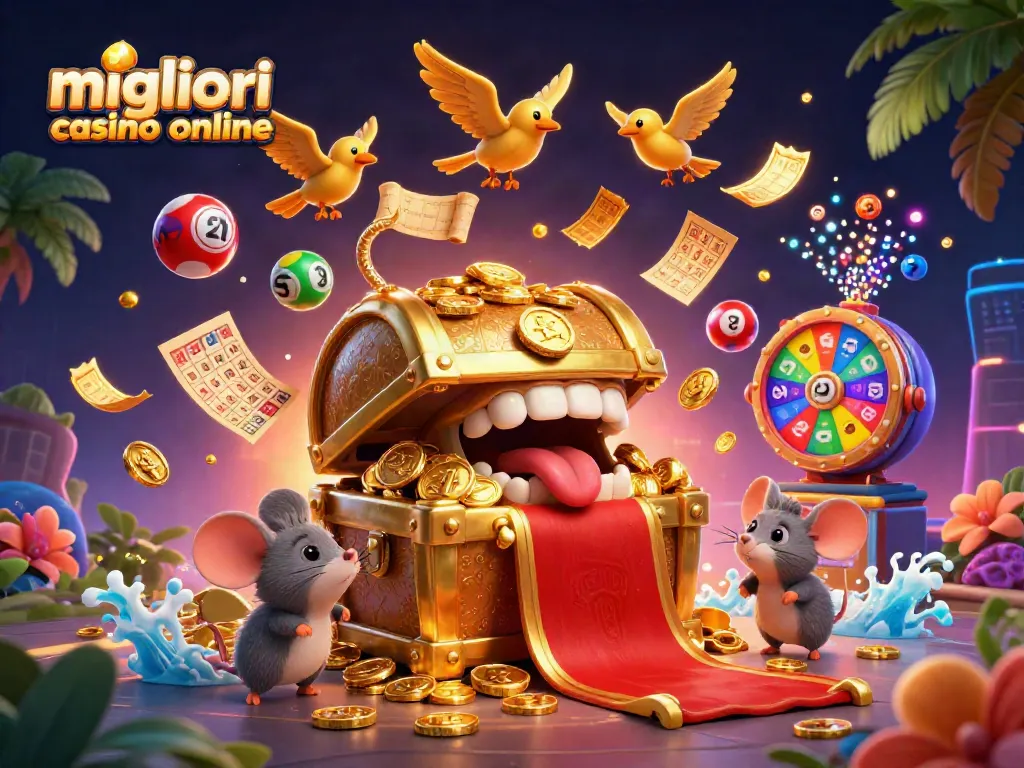 I migliori casino online presentano un ricco tesoro dorato in un'illustrazione vivace e accattivante.