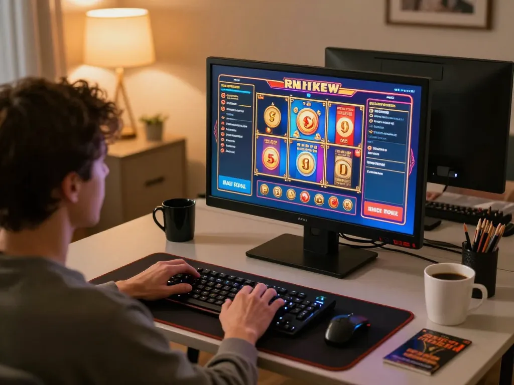 IDNSCORE RESMI player engaging with exciting online slot games in a sleek home setting