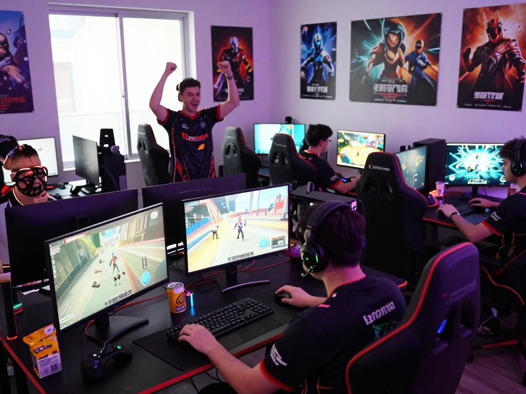 Engaged players in ligasedayu-themed interactive gaming community, celebrating wins in a vibrant atmosphere.