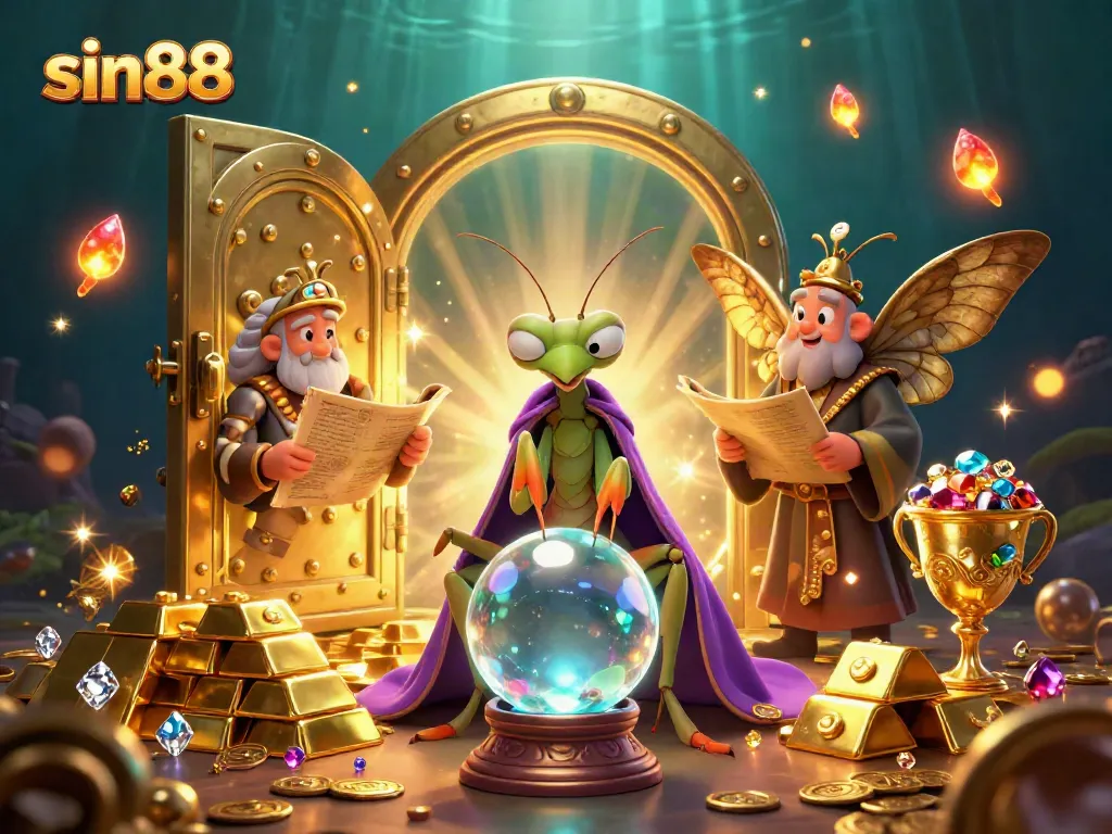 Engage with sin88's thrilling casino experience illustrated by animated characters and shimmering treasures.