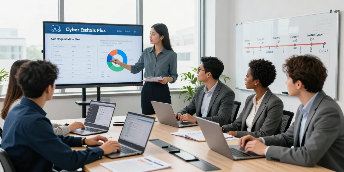 Cyber Essentials Plus cost analysis meeting, showcasing a diverse cybersecurity team discussing essential compliance strategies in a modern office.