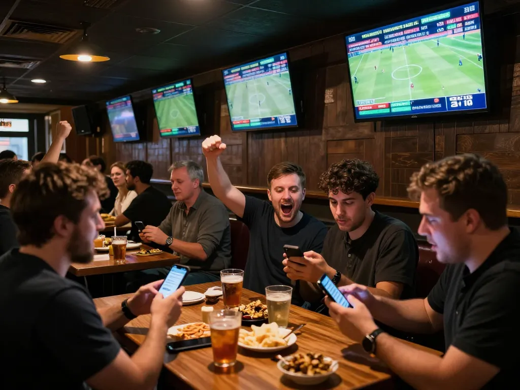 Fans engaging in sports betting at a bar using keobongda for real-time odds tracking.