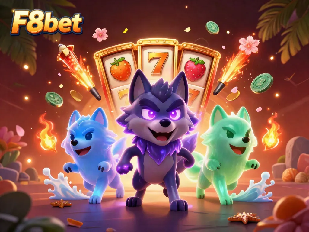 Experience thrilling wins at F8bet with a dynamic 3D casino scene featuring vibrant slot reels.