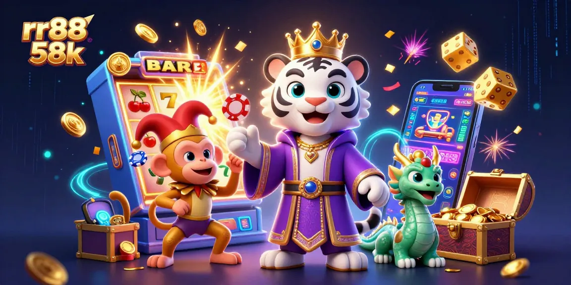 The playful golden monkey juggles poker chips while the elegant white tiger represents rr88 58k in a lively casino scene.
