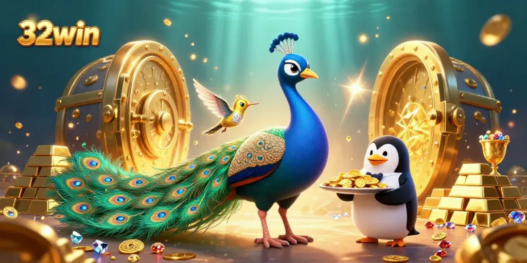 Enjoy the vibrant casino atmosphere with 32win, a peacock and penguin showcasing golden treasures.