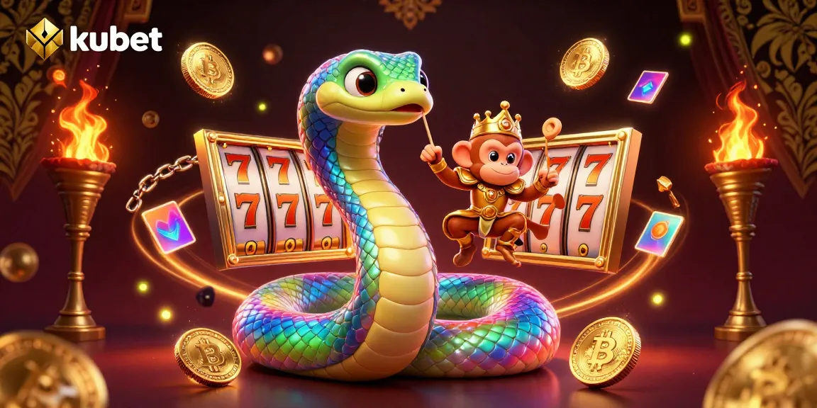 Spin the reels at kubet's casino adventure with a colorful rainbow serpent and fun lucky symbols.