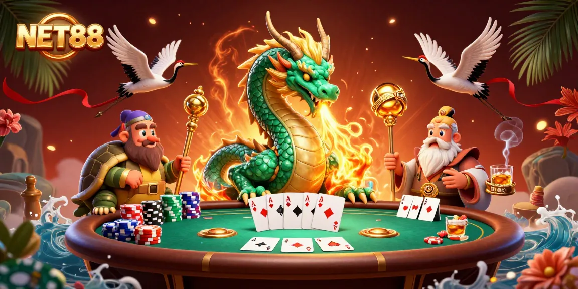 NET88 showcases a 3D dragon and turtle in a dynamic casino scene filled with poker elements.