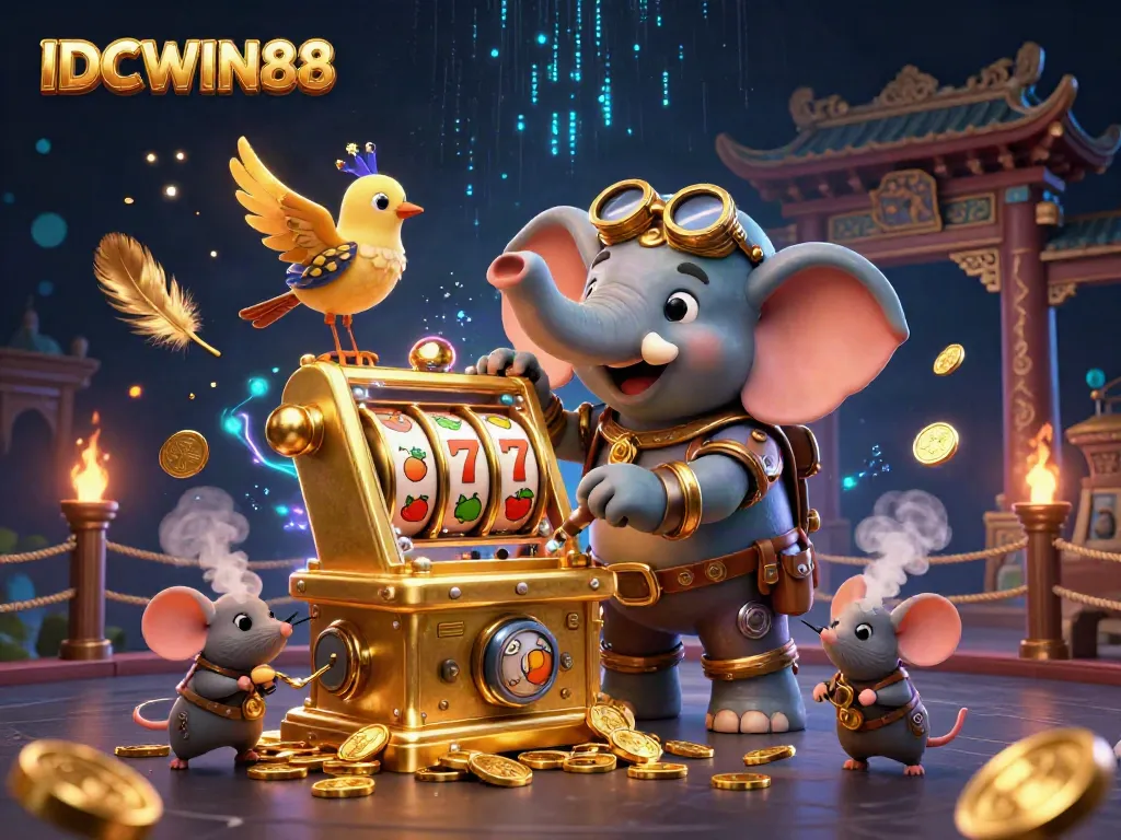 Experience the excitement of IDCWIN88 with a steampunk elephant revealing winning slot machine secrets.