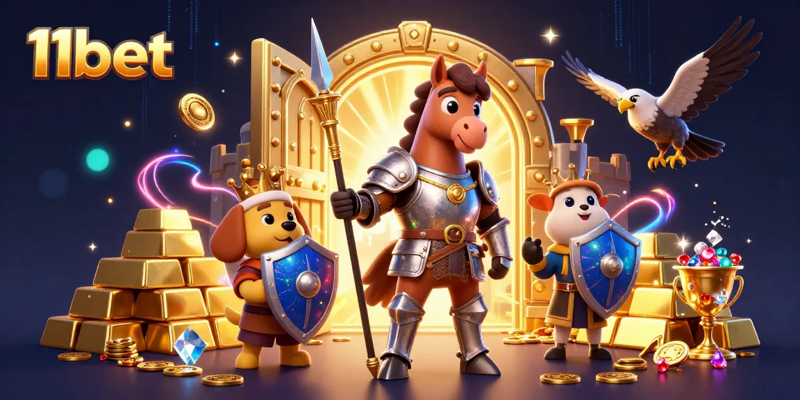 Engage with 11bet’s lavish casino experience featuring medieval characters amidst gold treasures and vibrant lights.