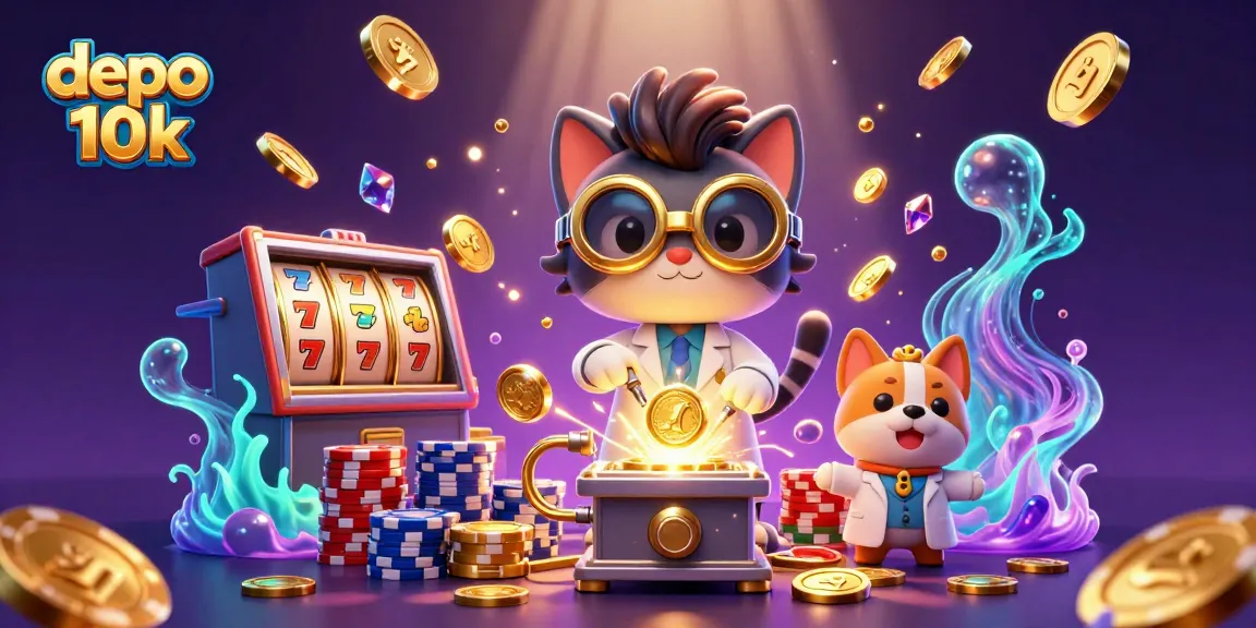 Play the exciting depo 10k slot machine with vibrant symbols and cascading coins surrounding a scientist duo.