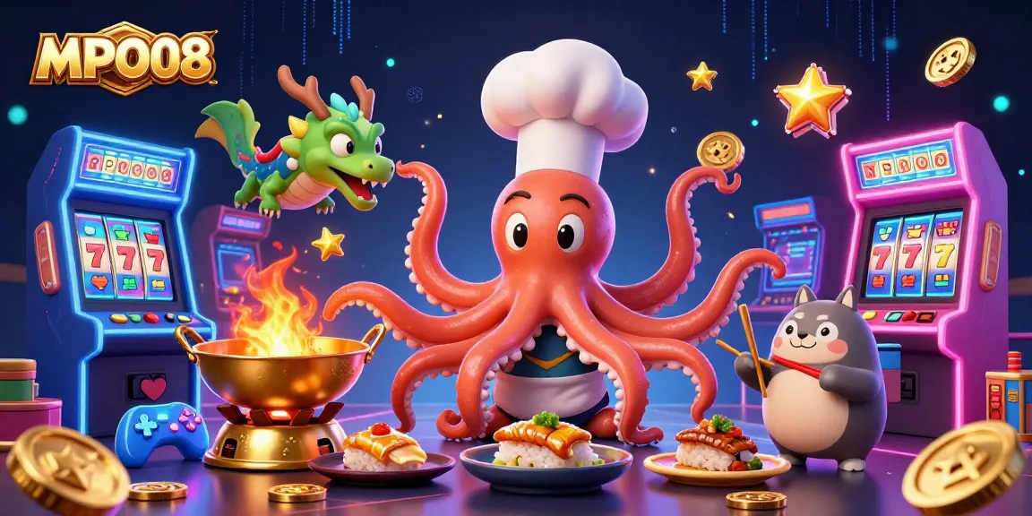 MPO08 offers engaging gameplay with a dynamic scene featuring a sushi chef octopus and vibrant casino elements.