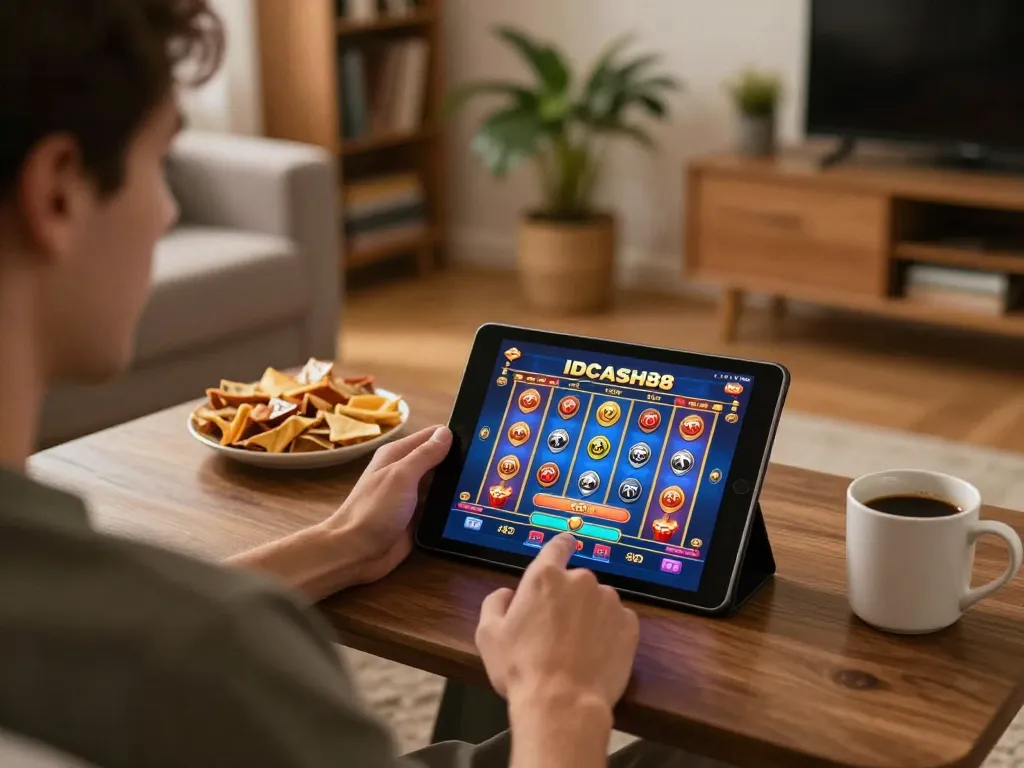 IDCASH88 Slot interface displayed on a tablet in a cozy home setting, showcasing engaged gameplay.