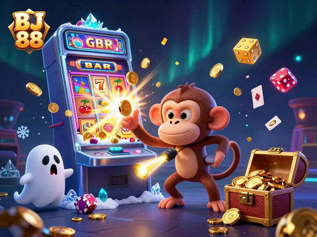 Engage in thrilling gaming with BJ 88's vibrant casino world, highlighted by a playful poltergeist monkey and adventurous puppy.