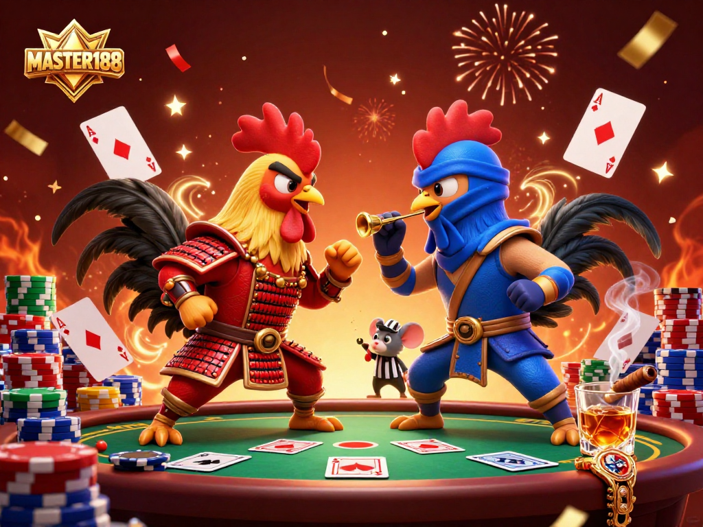 Engage with MASTER188's thrilling poker showdown featuring cartoon roosters in an epic standoff.