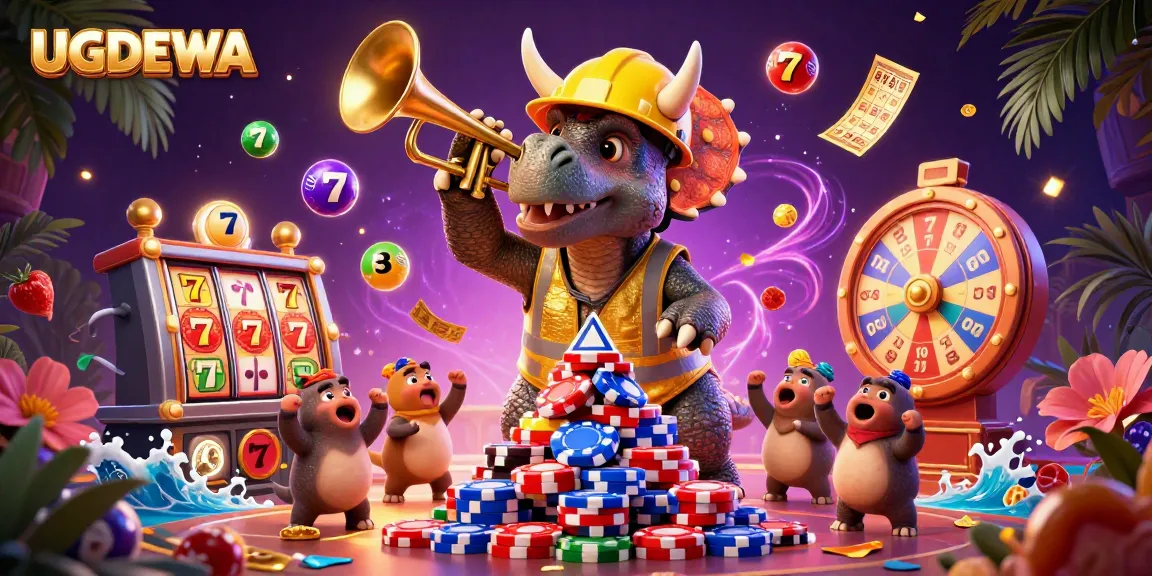 Enhance your gameplay with UGDEWA, a vibrant casino scene featuring a lively triceratops building poker chip pyramids.