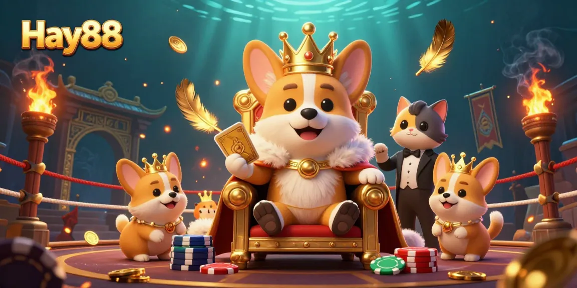 Experience thrilling gameplay with Hay88 while surrounded by charming royal corgis and vibrant casino elements.
