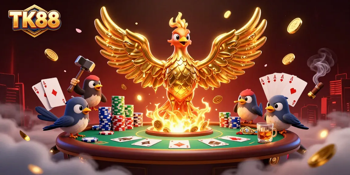 Win big with TK88 in a dynamic casino scene featuring a golden phoenix and poker elements.