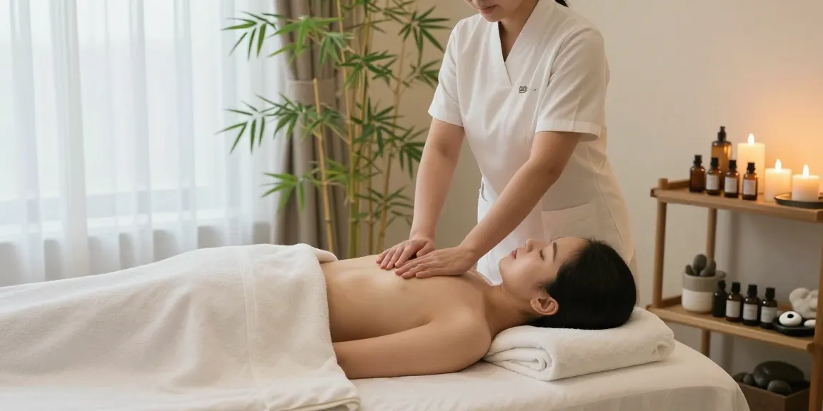 Relaxing 일산출장마사지 session with therapist, candles, and essential oils in serene spa.