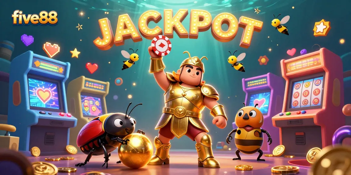 Engaging five88 casino image featuring a victorious beetle, jackpot themes, and immersive game elements.