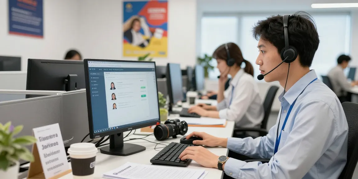 Agente de atención al cliente usando teléfono ETB en un ambiente de oficina moderna.