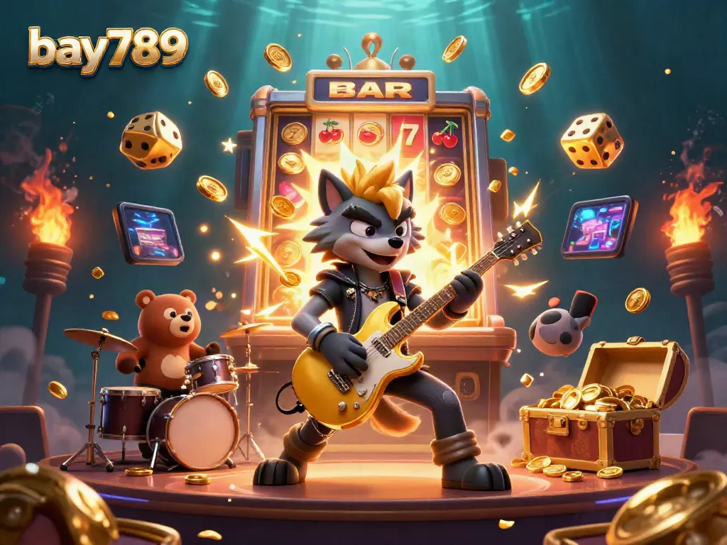 Engage in exciting gameplay with bay789's dynamic gaming world showcased through vibrant characters, slot machines, and jackpot symbols.