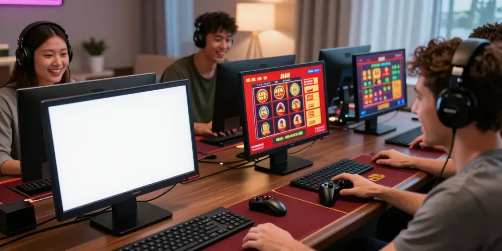 Engaged players enjoying red88's online betting environment in a modern setup.