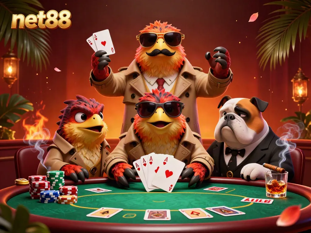 Raptors disguised in a trench coat humorously attempt to enter a VIP casino lounge at net88.
