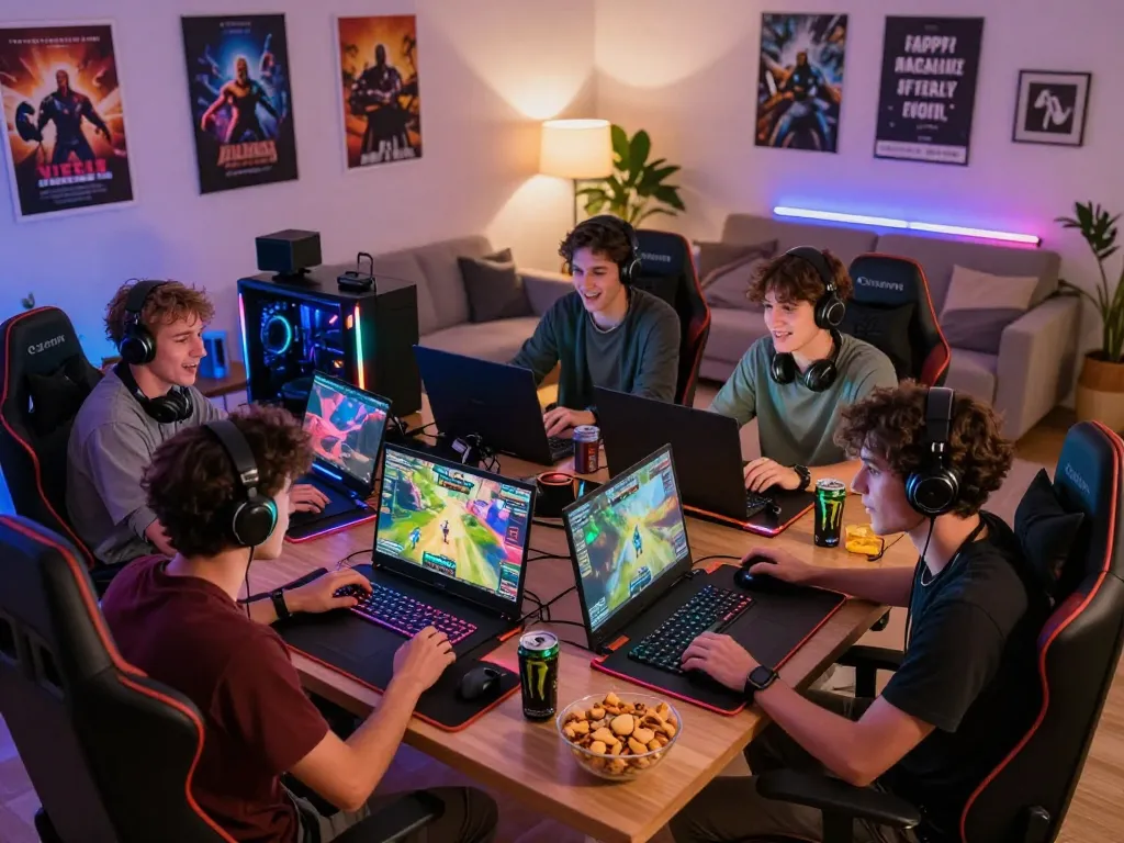 Friends enjoying an online gaming session with mantra88 in a vibrant home setup.