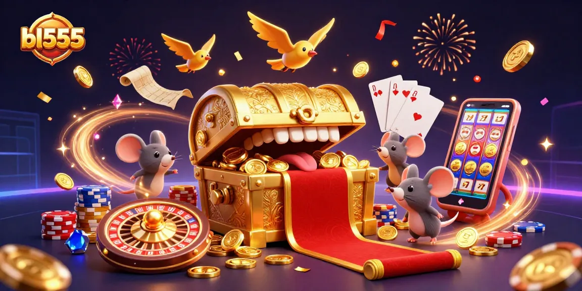 Win big at bl555 with a vibrant 3D illustration showcasing treasure and casino elements.