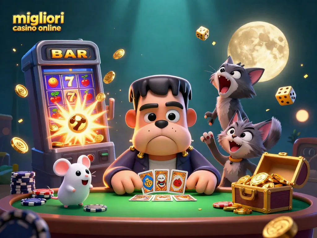 I migliori casino online illustrano un bulldog Frankenstein che distribuisce carte a un tavolo con luci verdi, circondato da simboli e giochi da casino.