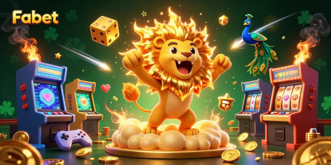 Experience the thrill of Fabet with a majestic lion and vibrant casino elements in an exciting scene.