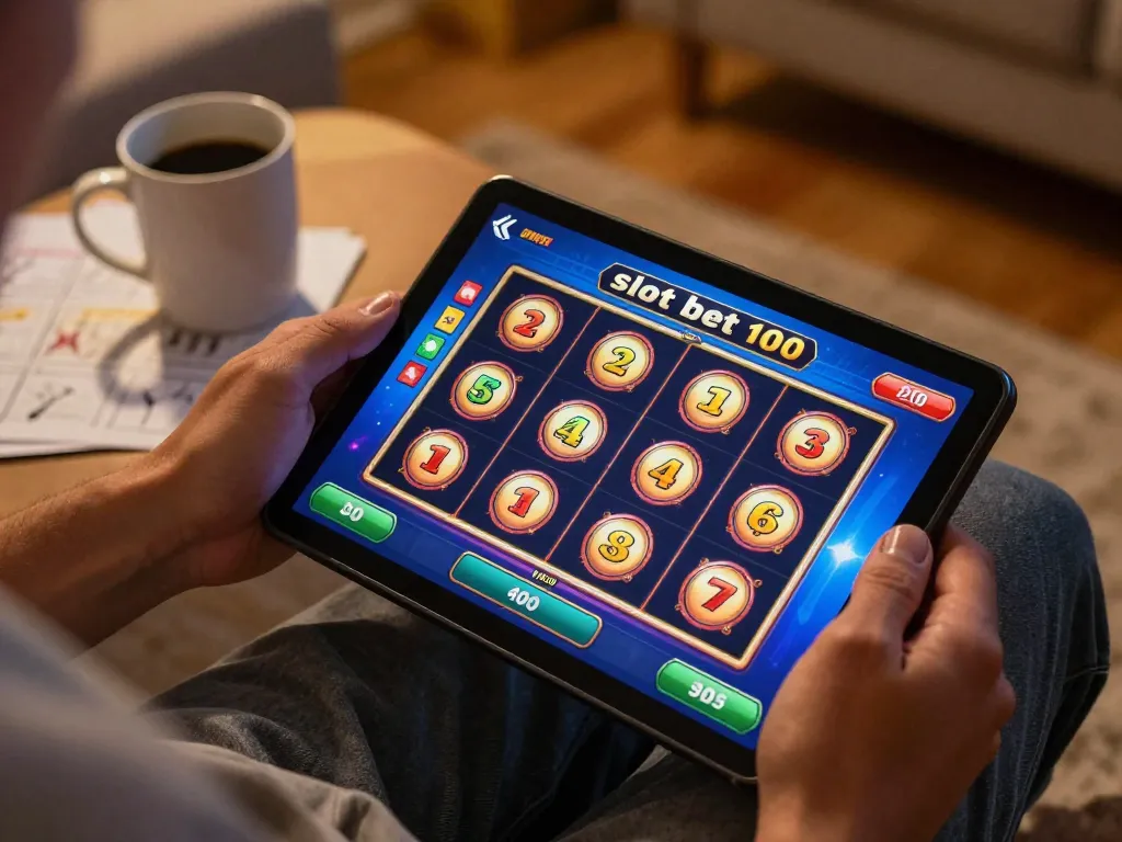 Engaging in slot bet 100 strategy while enjoying online gaming from home with winning slot reels.