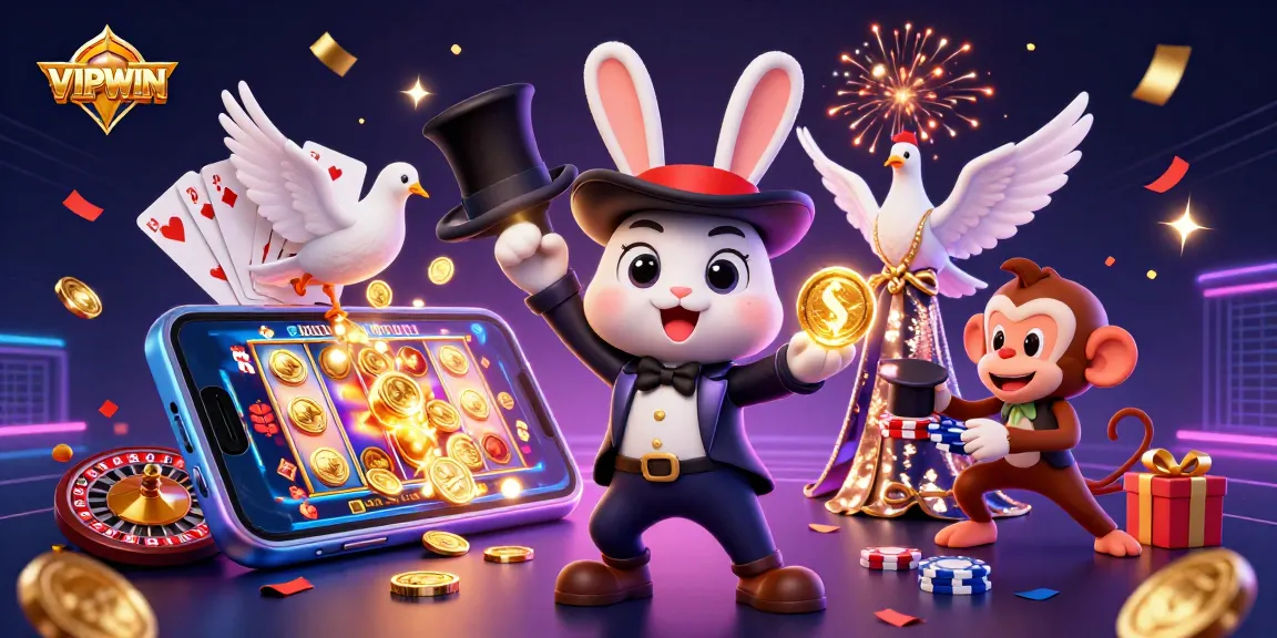 Experience the excitement of VIPWIN as the magician rabbit conjures golden coins and poker chips while doves soar!