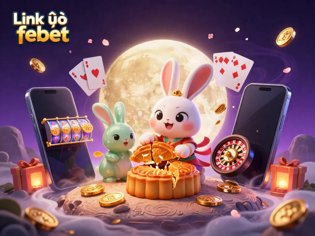 Experience thrilling fun with Link vào febet, featuring a moon rabbit playing games and jackpot scenes.