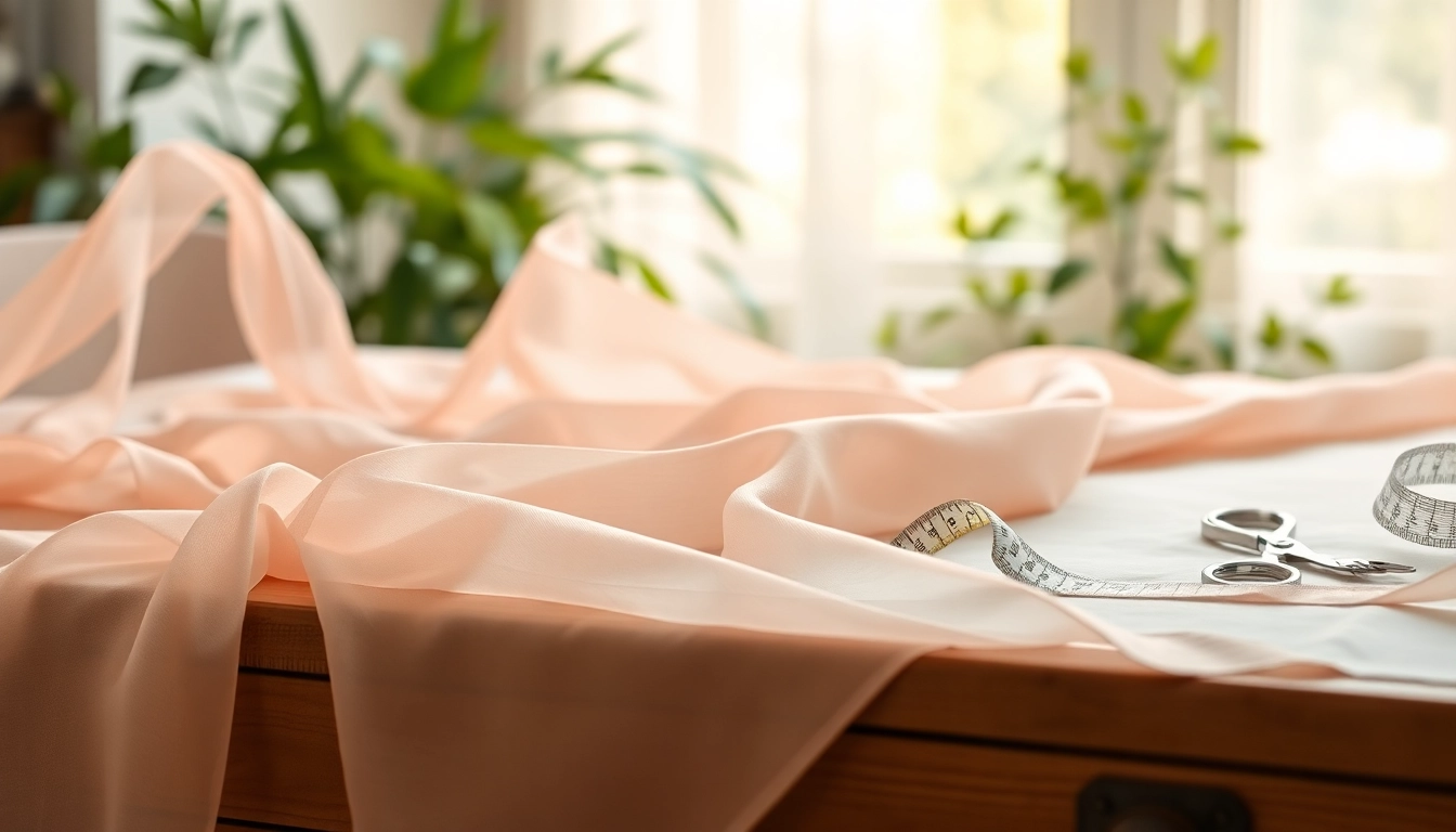 Chiffon stof in zachte pastelkleuren op een houten tafel, met delicate textuur en een creatieve sfeer.