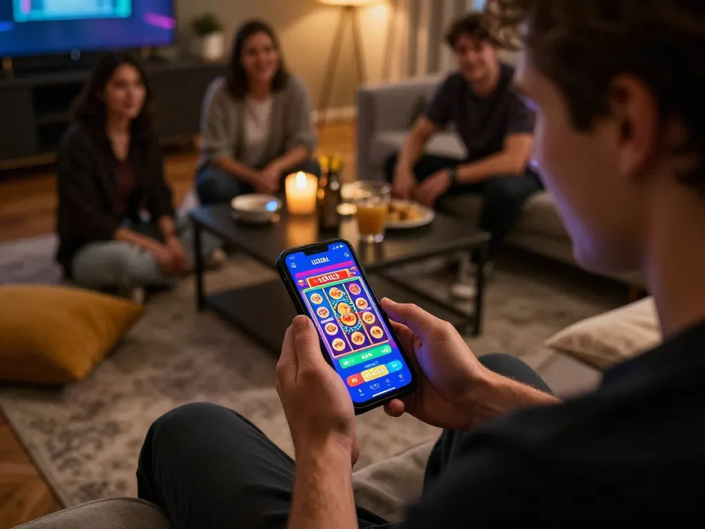 Player engaging with LGO GOAL app during a home gaming night, showcasing exciting slot win.
