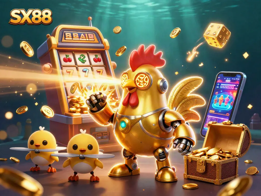 SX88 casino illustration with a golden rooster robot amidst a jackpot explosion of coins and vibrant game elements