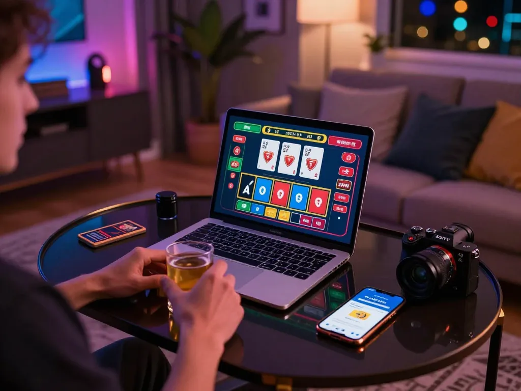 Engaging in rokok88 online baccarat, showcasing a dynamic gaming moment in a cozy home setup.