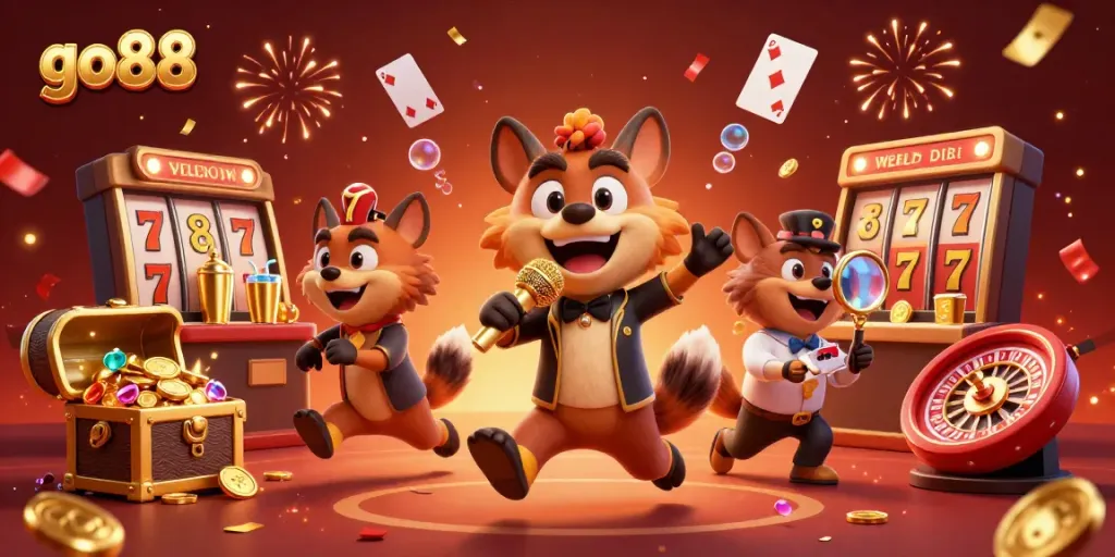 Engage in thrilling gameplay at the go88 casino, featuring hyenas running a comedy club with vibrant game elements.