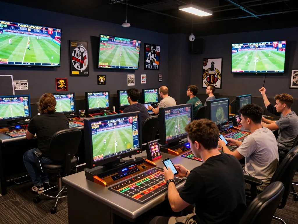 Fans placing live bets at RR88's exciting sports betting lounge